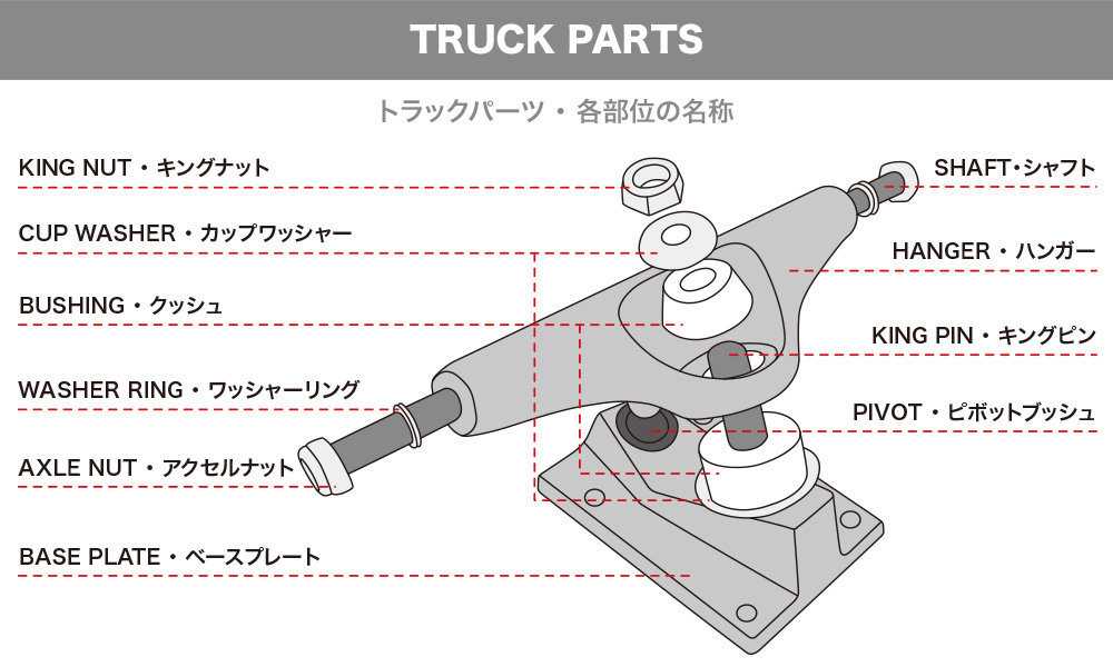 スケートボード スケボー 初心者の方へ スケートボードのトラックパーツ名称